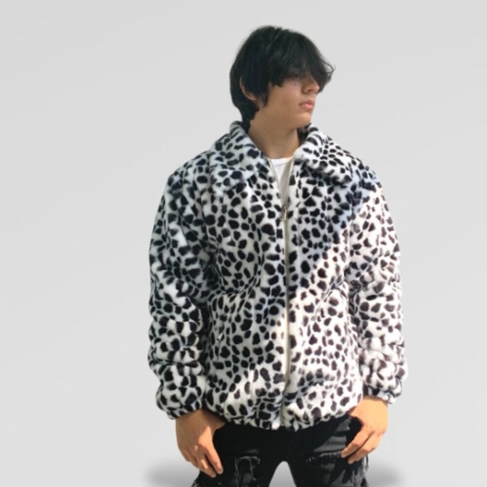 Men's Fashion White | Black Leopard Faux Fur Fuzzy Coat NWT